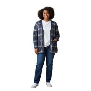 Talbots Woman Navy Blue Multicolor Plaid Cotton Knit Button Front Cardigan 2X